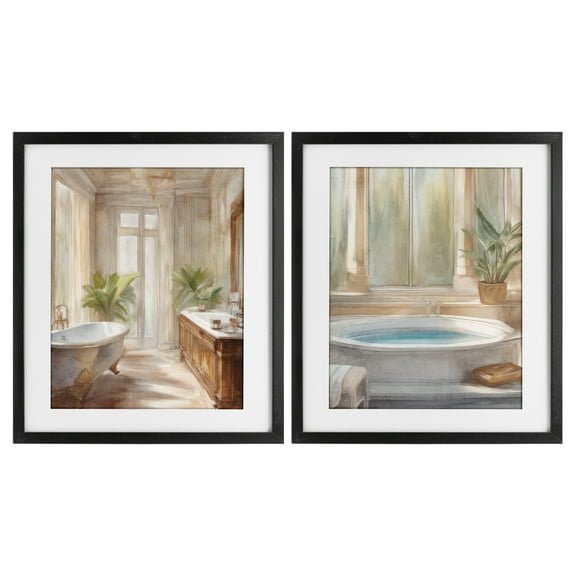 Stupell Industries Serenity Bath Bathroom Interior 2 Piece Black Framed Print Under Glass Set design by Kim Allen, 16 x 13