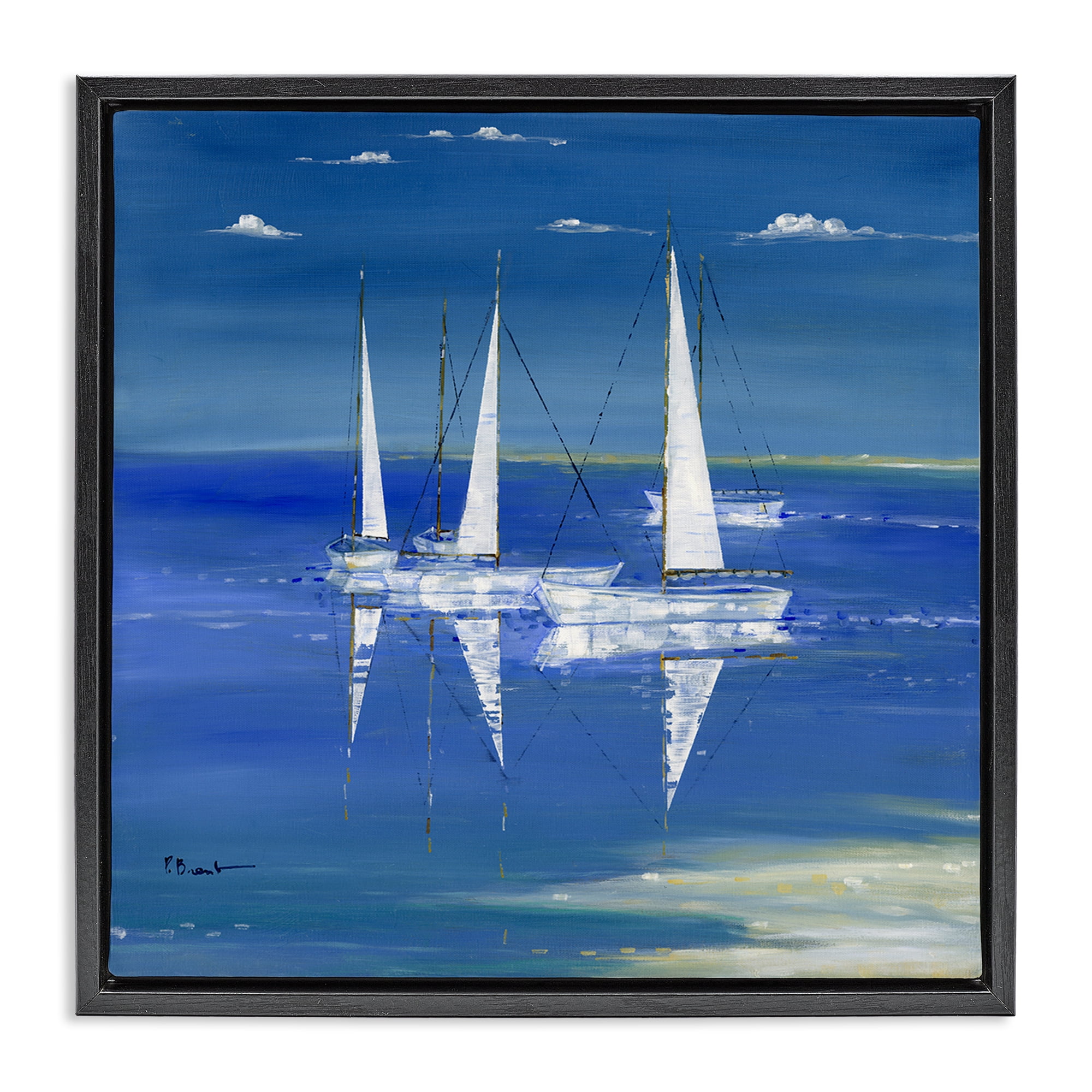 Stupell Industries Serenity Sailboats Reflected on Water Black Framed Floater Canvas Wall Art, design by Paul Brent