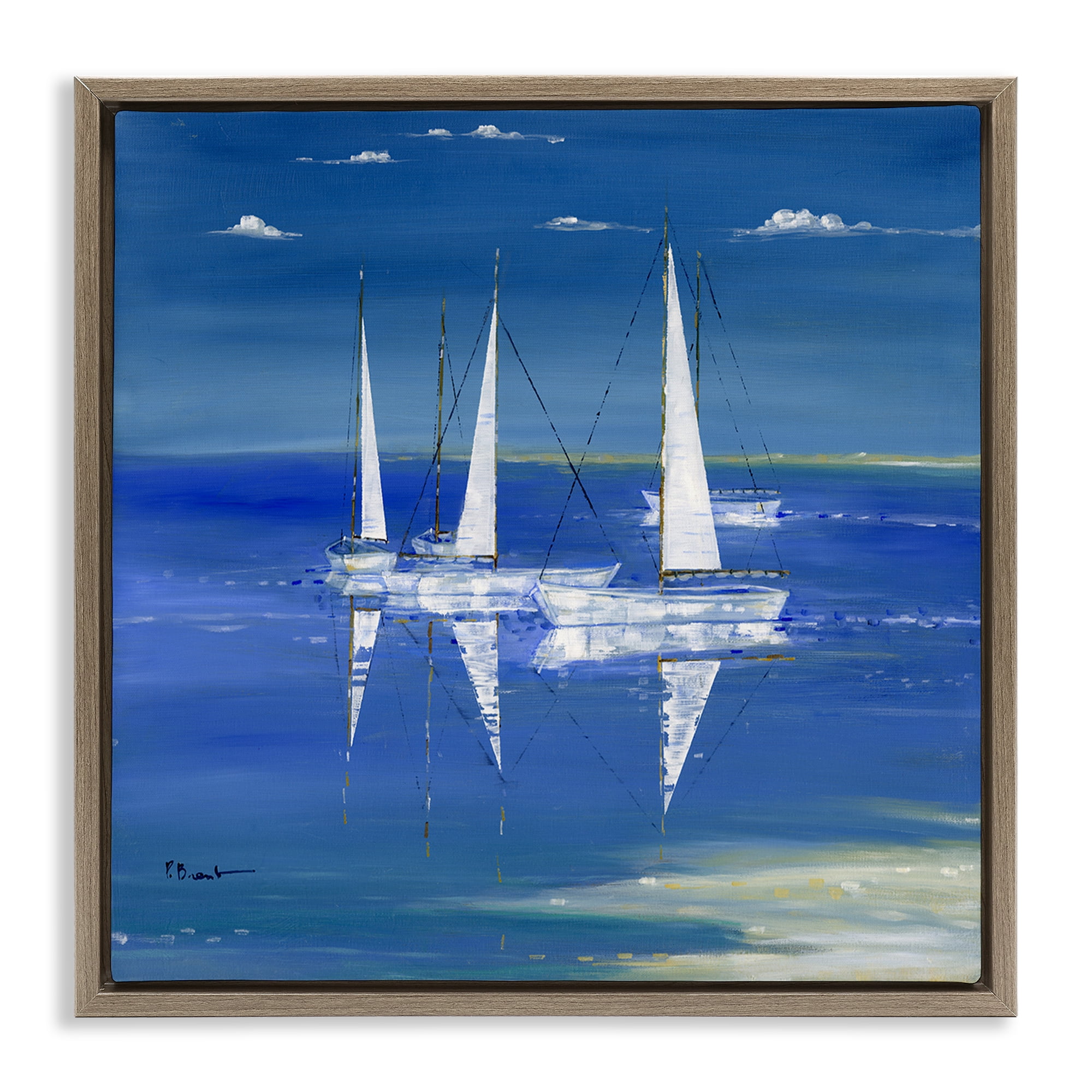 Stupell Industries Serenity Sailboats Reflected on Water Brown Framed Floater Canvas Wall Art, design by Paul Brent