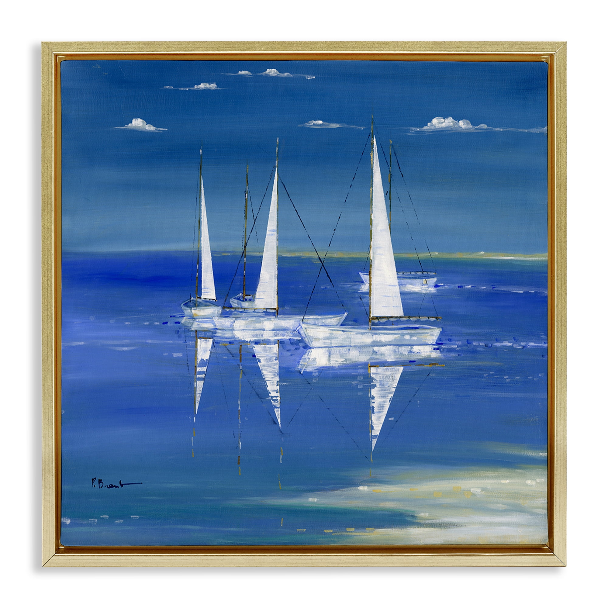 Stupell Industries Serenity Sailboats Reflected on Water Gold Framed Floater Canvas Wall Art, design by Paul Brent