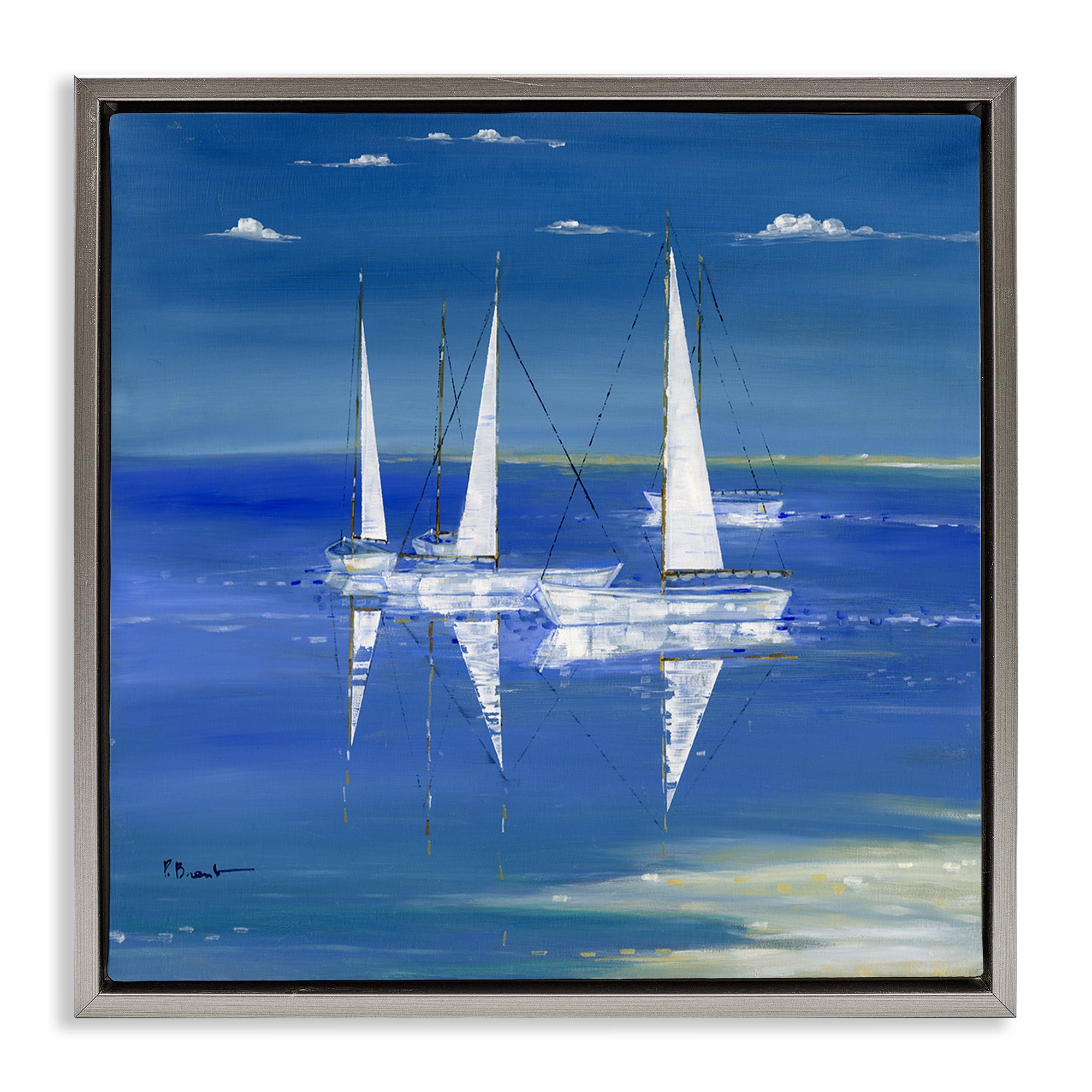 Stupell Industries Serenity Sailboats Reflected on Water Gray Framed Floater Canvas Wall Art, design by Paul Brent