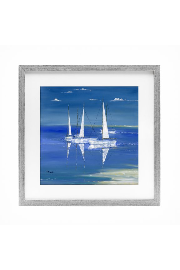 Industries Serenity Sailboats Reflected on Water Gray Framed Print Under Glass, design by Paul Brent