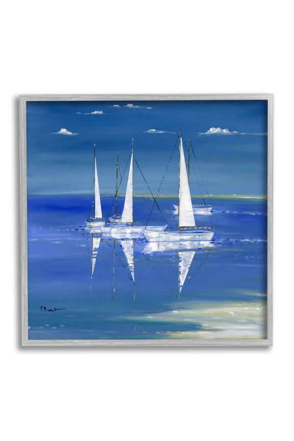 Industries Serenity Sailboats Vivid Blue Ocean Painting Gray Framed Art Print Wall Art, Design by Paul Brent