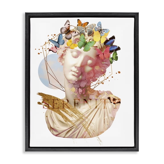 Stupell Industries Serenity Statue Collage Abstract Painting Black Floater Framed Canvas Art Print Wall Art, 17 x 21