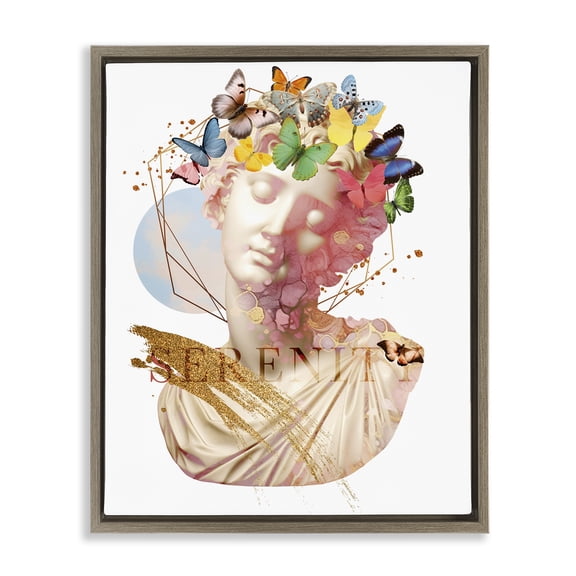 Stupell Industries Serenity Statue Collage Abstract Painting Brown Floater Framed Canvas Art Print Wall Art, 17 x 21