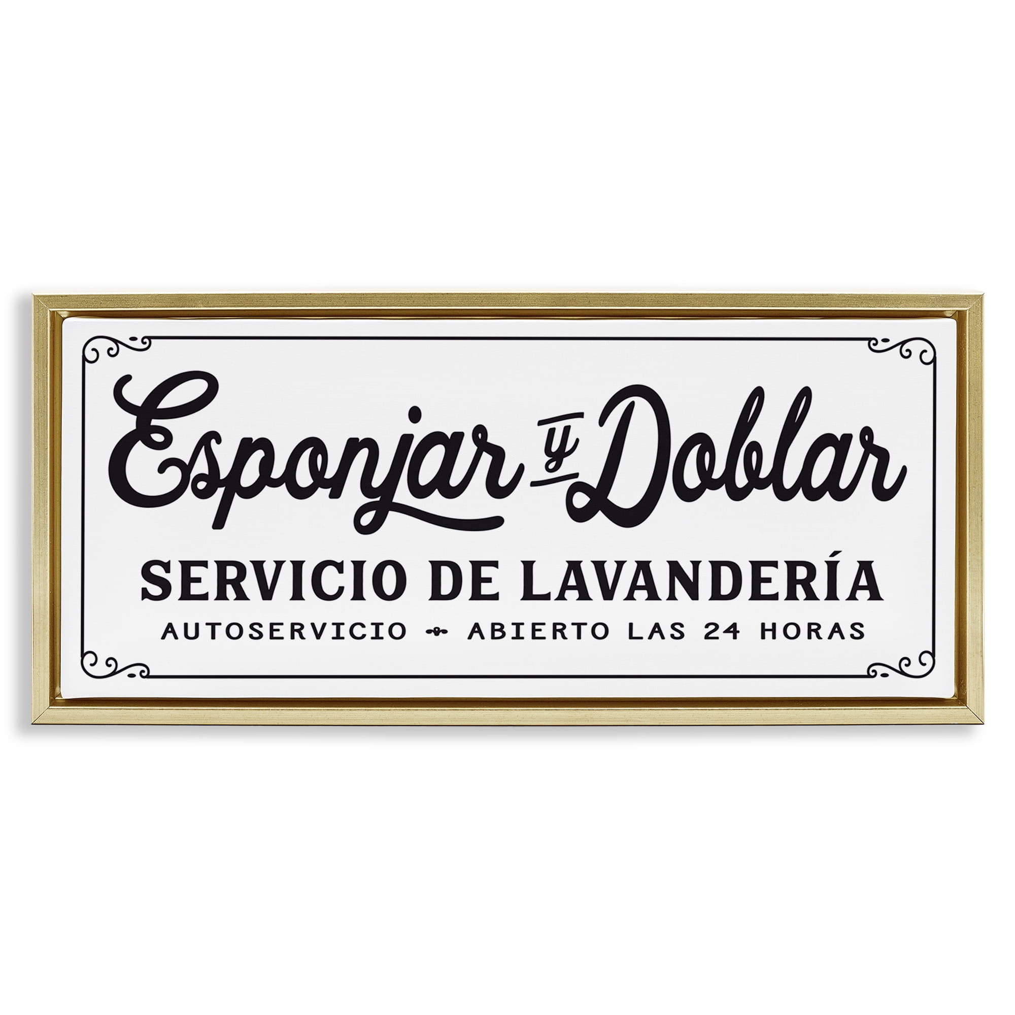 Stupell Industries Servicio De Lavandería Bath & Laundry Painting Gold Floater Framed Art Print Wall Art, 25 x 11