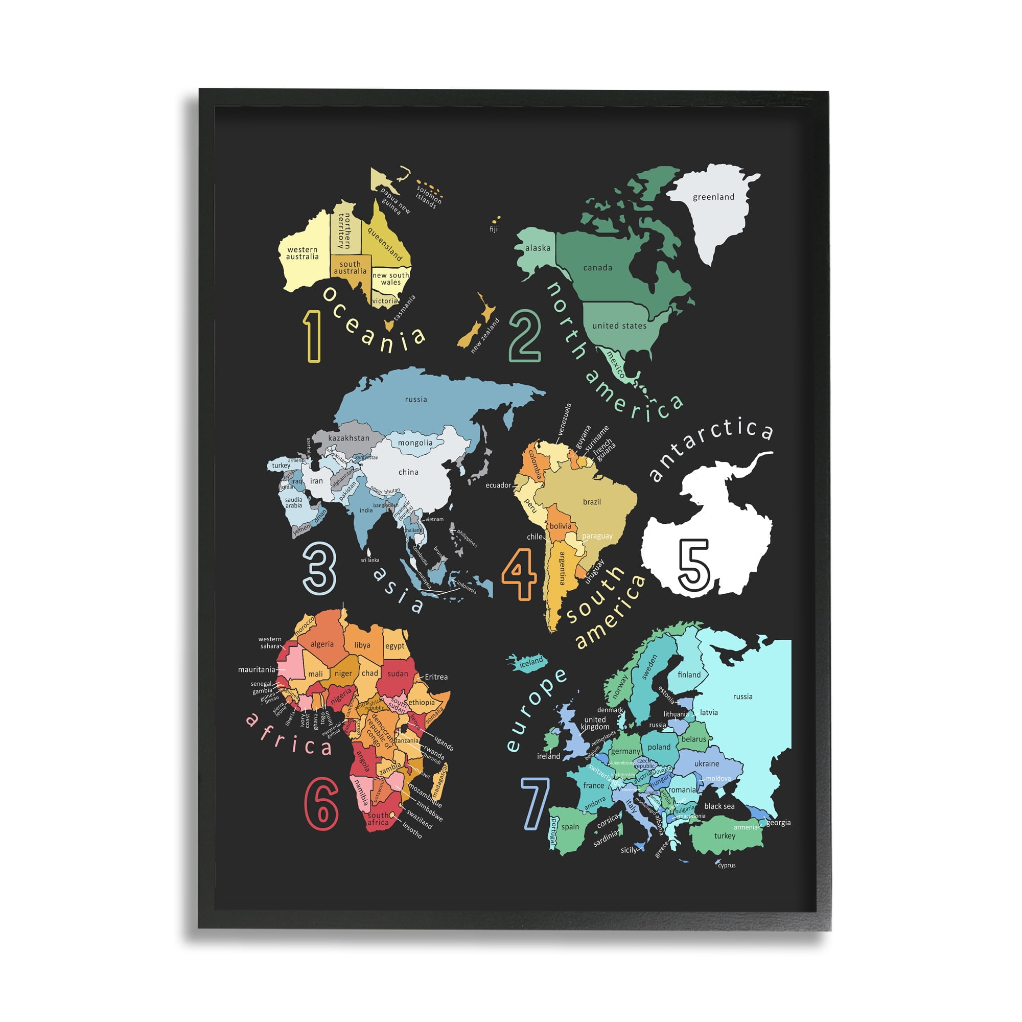 Stupell Industries Seven Continents Informative Diagram Map Detailed Countries Framed Wall Art, 16 x 20, Design by Carla Daly