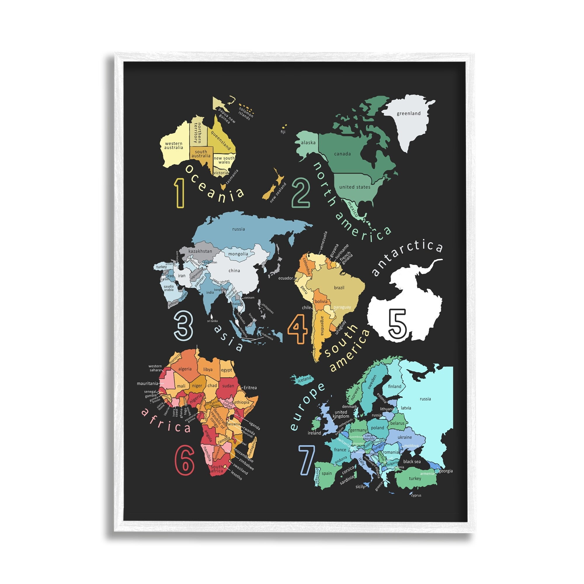 Stupell Industries Seven Continents Informative Diagram Map Detailed Countries Framed Wall Art, 16 x 20, Design by Carla Daly