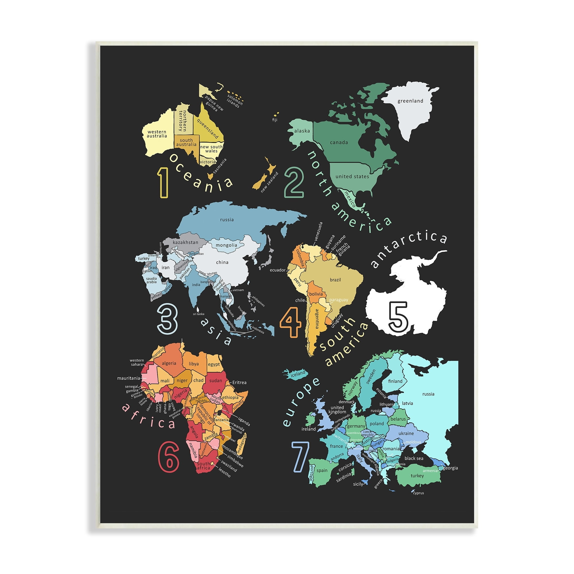 Stupell Industries Seven Continents Informative Diagram Map Detailed Countries Wood Wall Art, 10 x 15, Design by Carla Daly