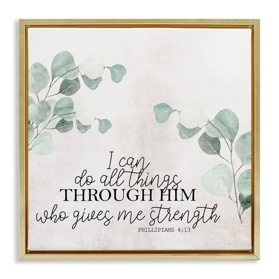 Stupell Industries Shabby Chic All Things Through Him Proverb Gold Floating Frame Canvas Art, 18 x 18, by Kim Allen