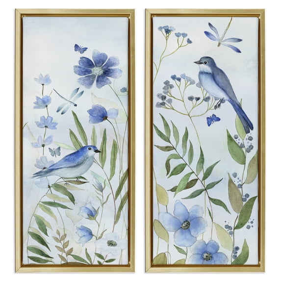 Stupell Industries Shabby Chic Blue Hued Flowers & Birds Gold 2pc Floating Frame Art Set, 11 x 25 each, by Janet Tava