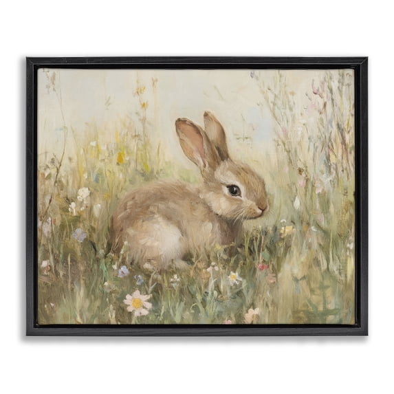 Stupell Industries Shabby Chic Brown Bunny in Flower Meadow Black Floating Frame Canvas Art, 21 x 17, by Petals Prints Design
