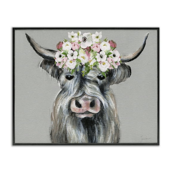 Stupell Industries Shabby Chic Cattle with Garland Animals Painting Black Framed Art Print Wall Art, 14 x 11