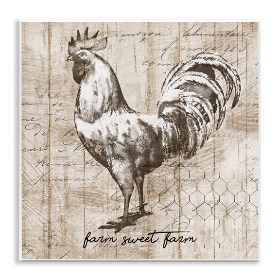 Stupell Industries Shabby Chic Farm Sweet Farm Phrase Vintage Rooster and Text Wall Plaque Art, 12 x 12, by Conrad Knutsen