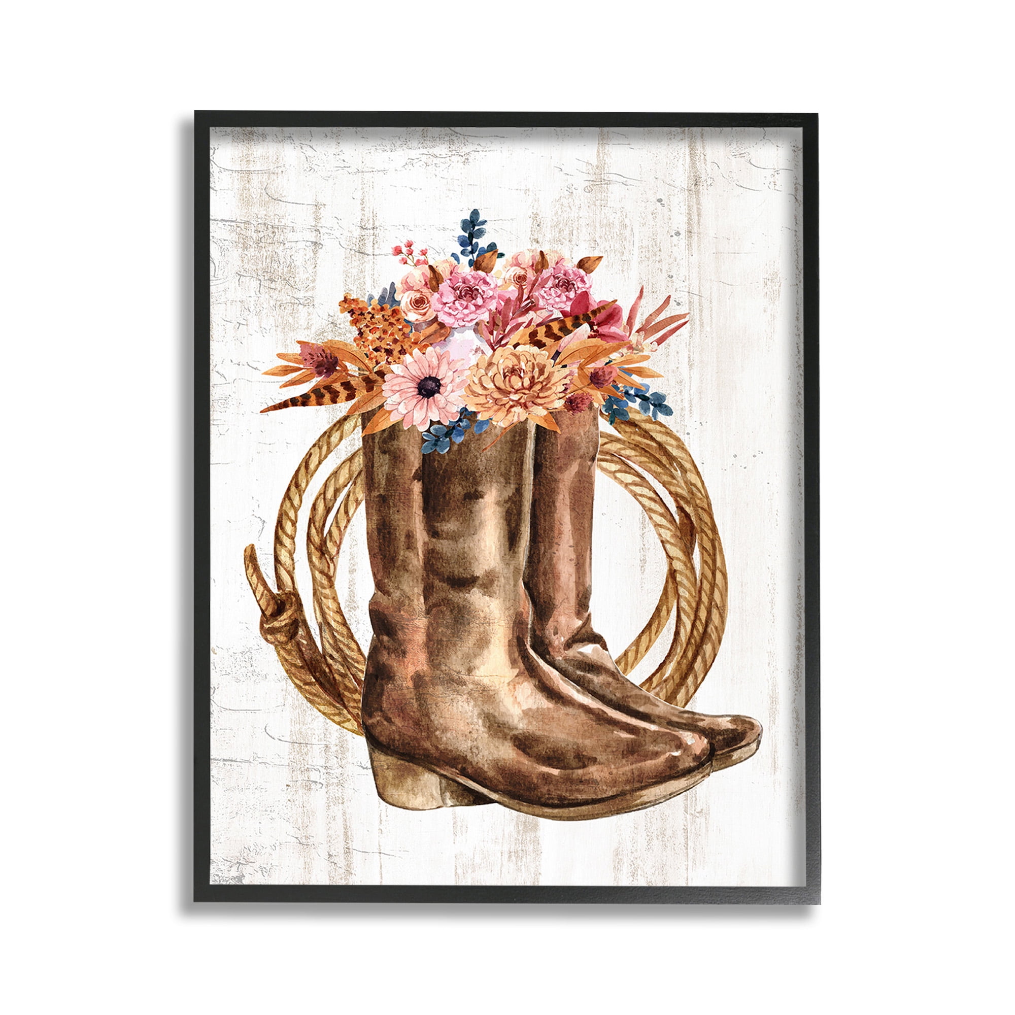 Stupell Industries Shabby Chic Floral Boots Botanical & Floral Painting Black Framed Art Print Wall Art, 11 x 14