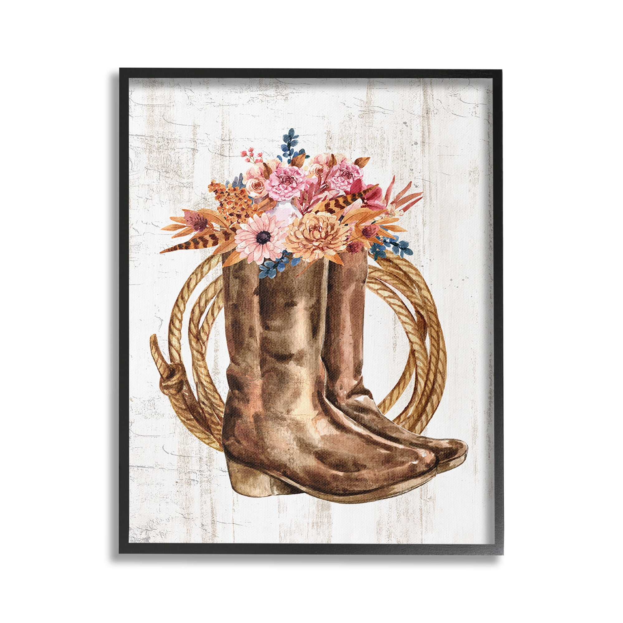 Stupell Industries Shabby Chic Floral Boots Botanical & Floral Painting Black Framed Art Print Wall Art, 24 x 30