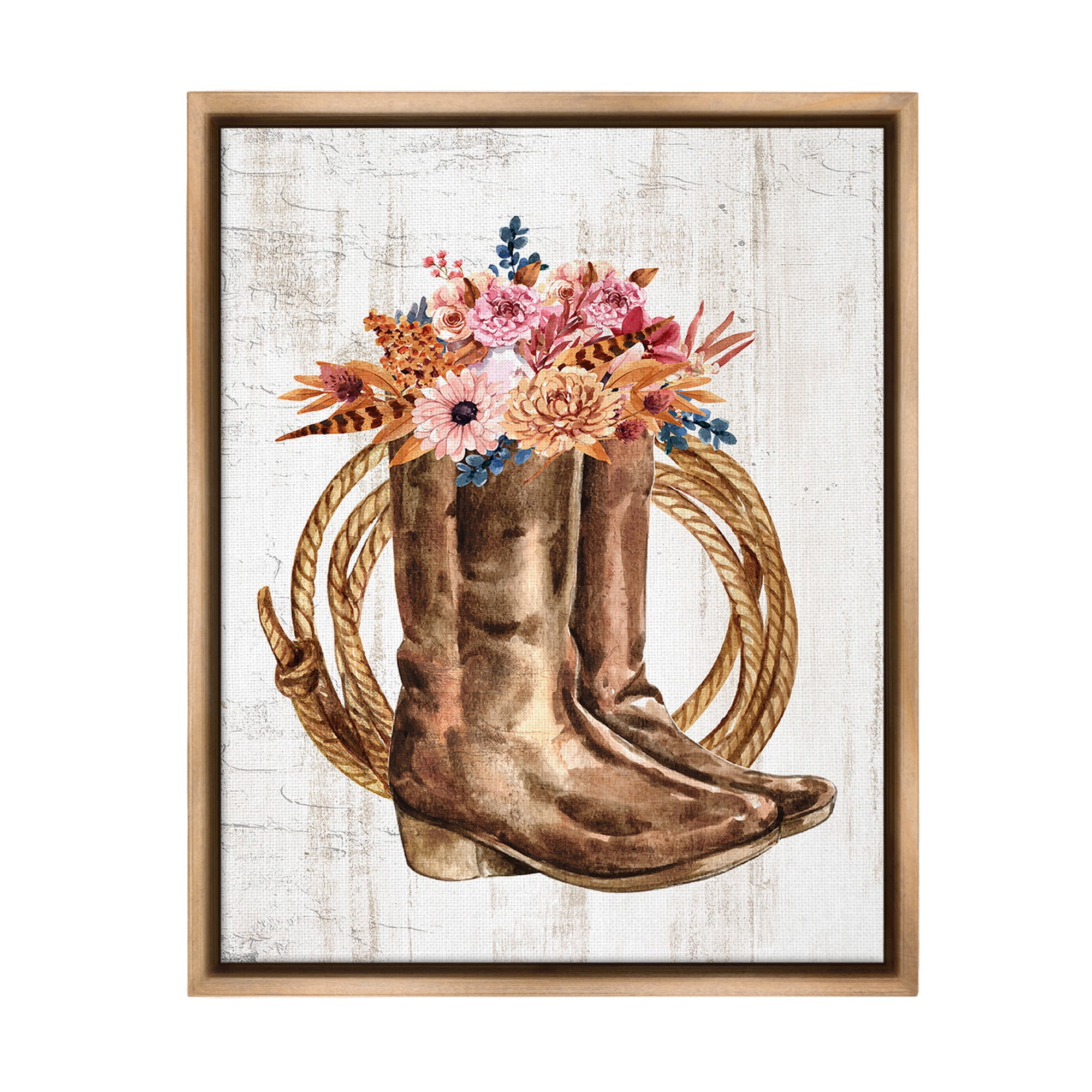 Stupell Industries Shabby Chic Floral Boots Botanical & Floral Painting Brown Floater Framed Canvas Art Print Wall Art, 17 x 21