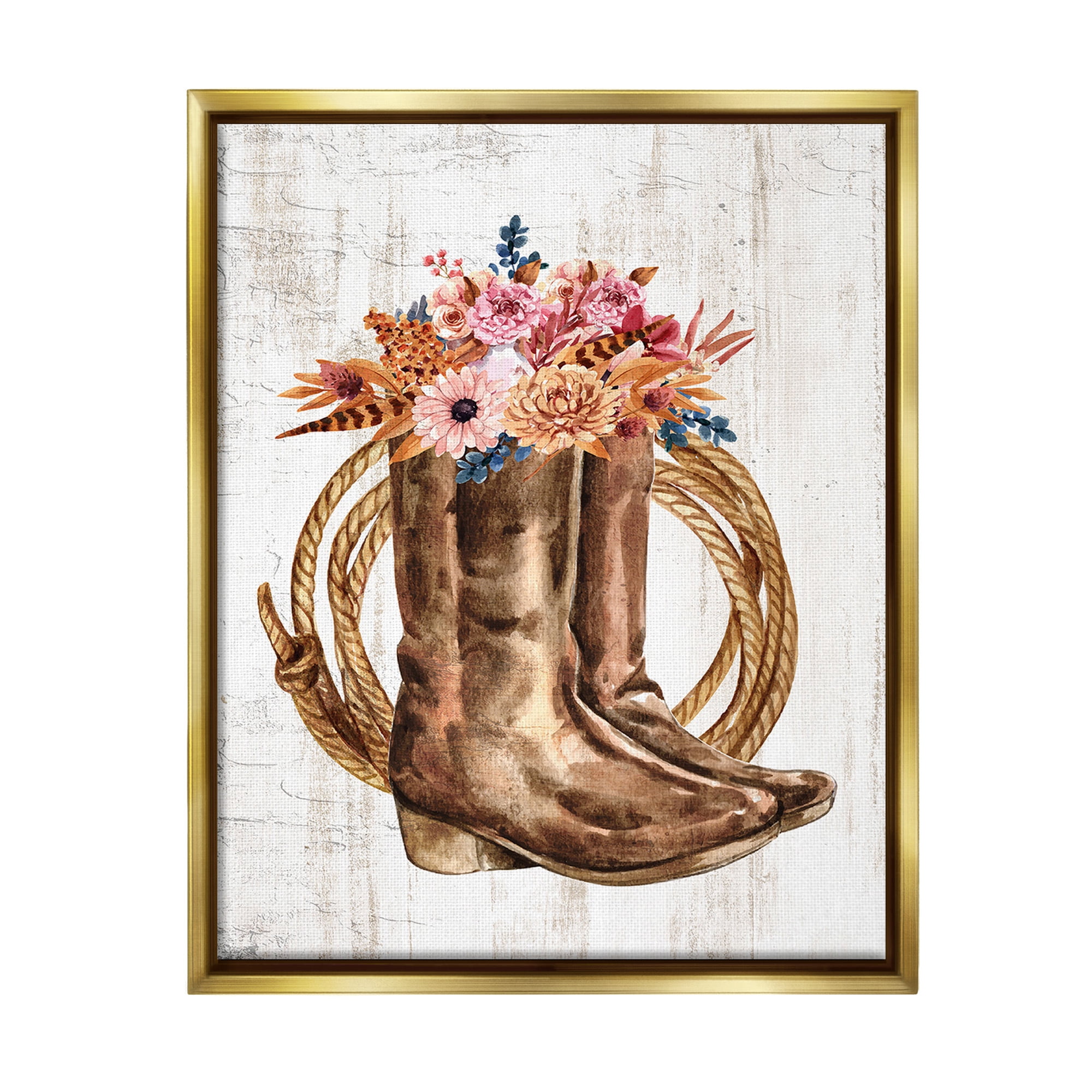 Stupell Industries Shabby Chic Floral Boots Botanical & Floral Painting Gold Floater Framed Canvas Art Print Wall Art, 17 x 21
