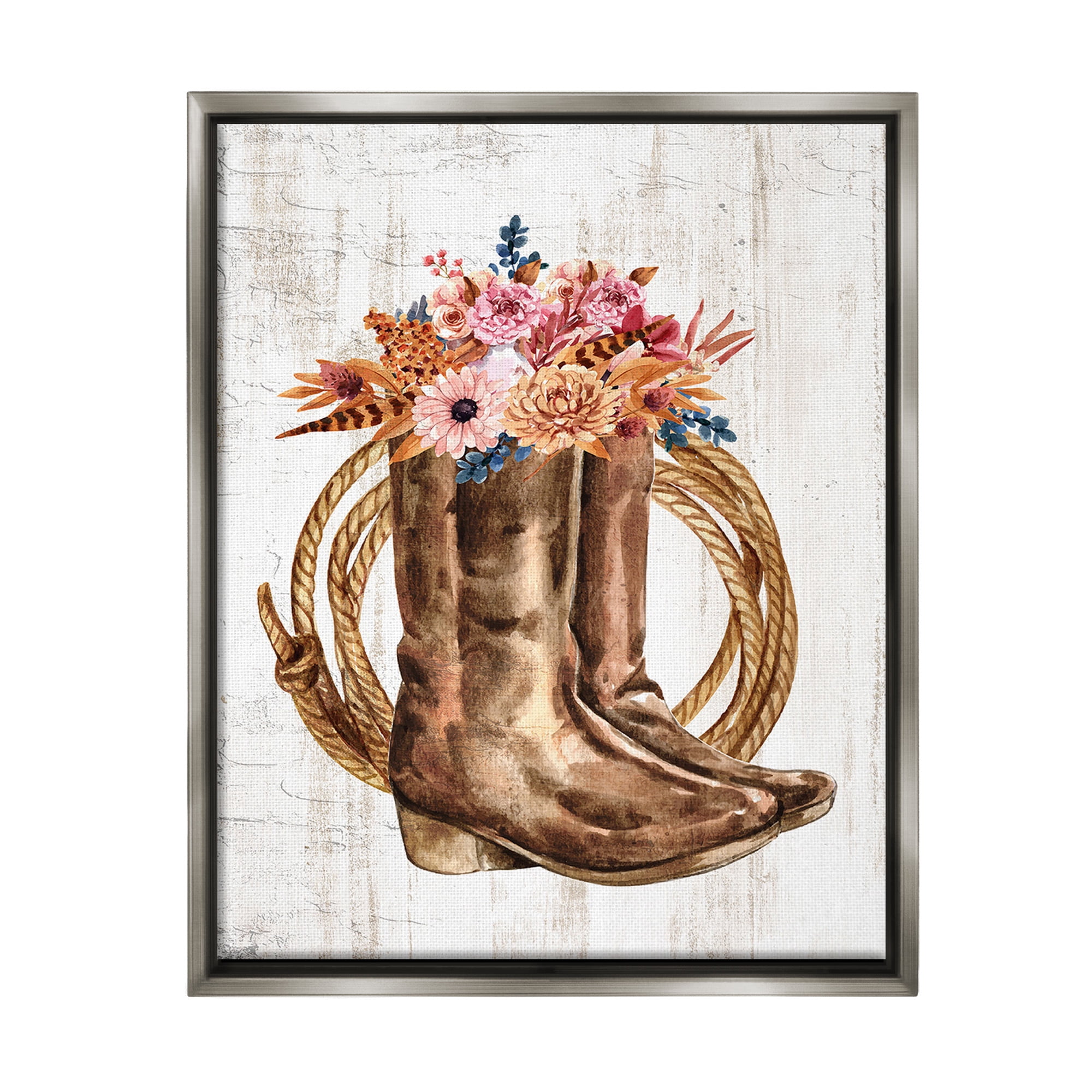 Stupell Industries Shabby Chic Floral Boots Botanical & Floral Painting Gray Floater Framed Canvas Art Print Wall Art, 25 x 31