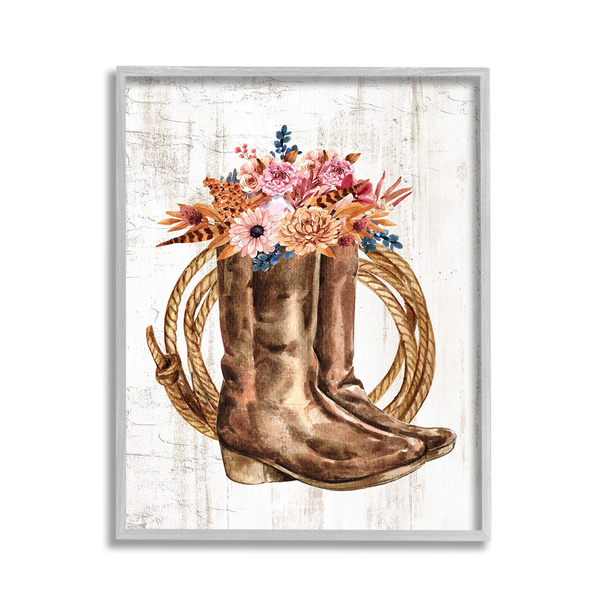 Stupell Industries Shabby Chic Floral Boots Botanical & Floral Painting Gray Framed Art Print Wall Art, 11 x 14