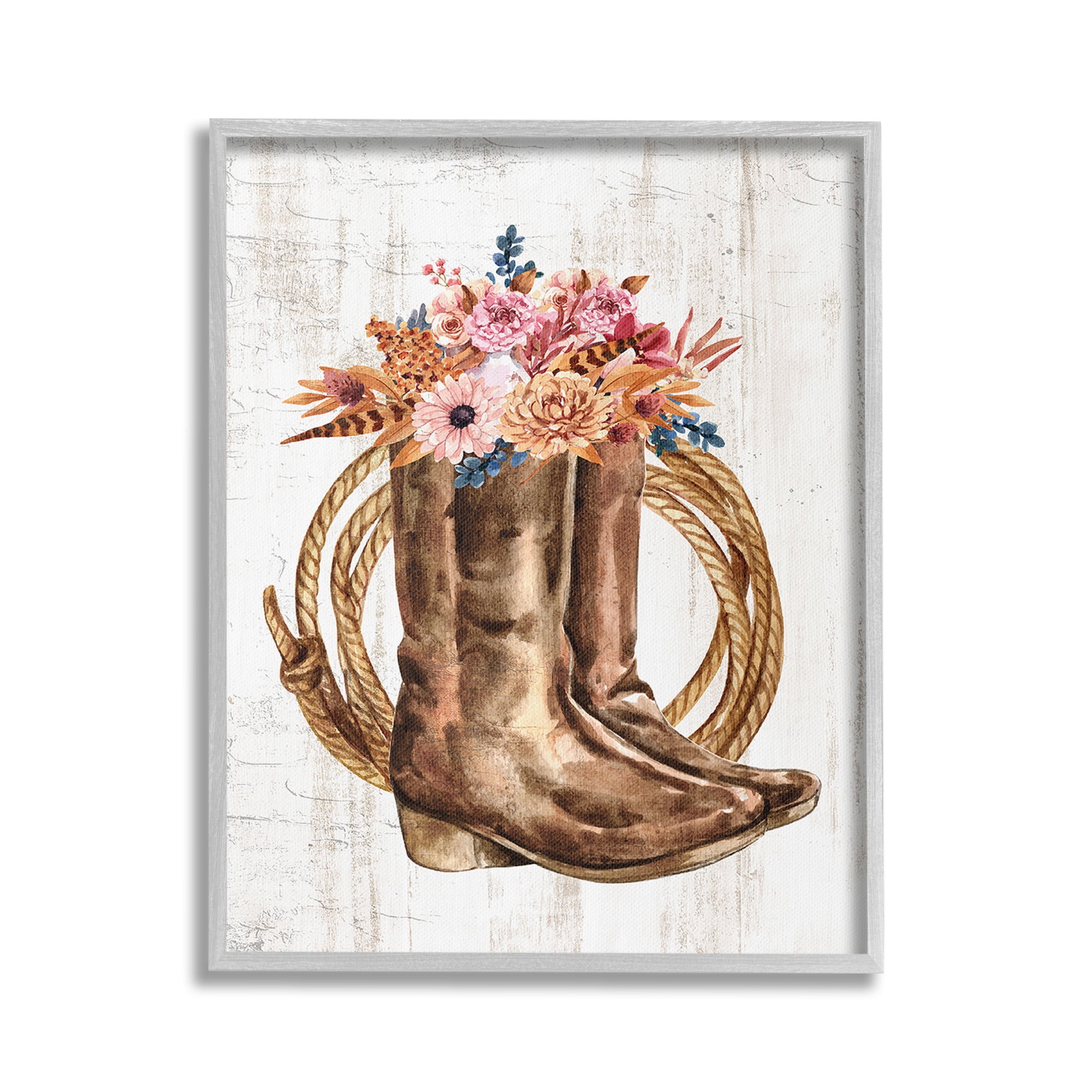 Stupell Industries Shabby Chic Floral Boots Botanical & Floral Painting Gray Framed Art Print Wall Art, 24 x 30
