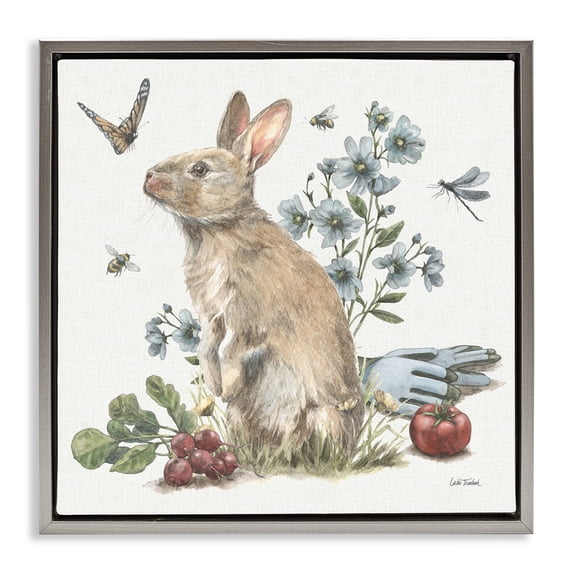 Stupell Industries Shabby Chic Garden Patch Bunny Gray Floating Frame Canvas Art, 18 x 18, by Leslie Trimbach
