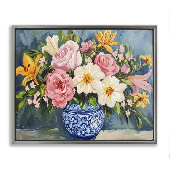 Stupell Industries Shabby Chic Indigo Chinoiserie Flower Vase Gray Floating Frame Canvas Art, 31 x 25, by Petals Prints Design