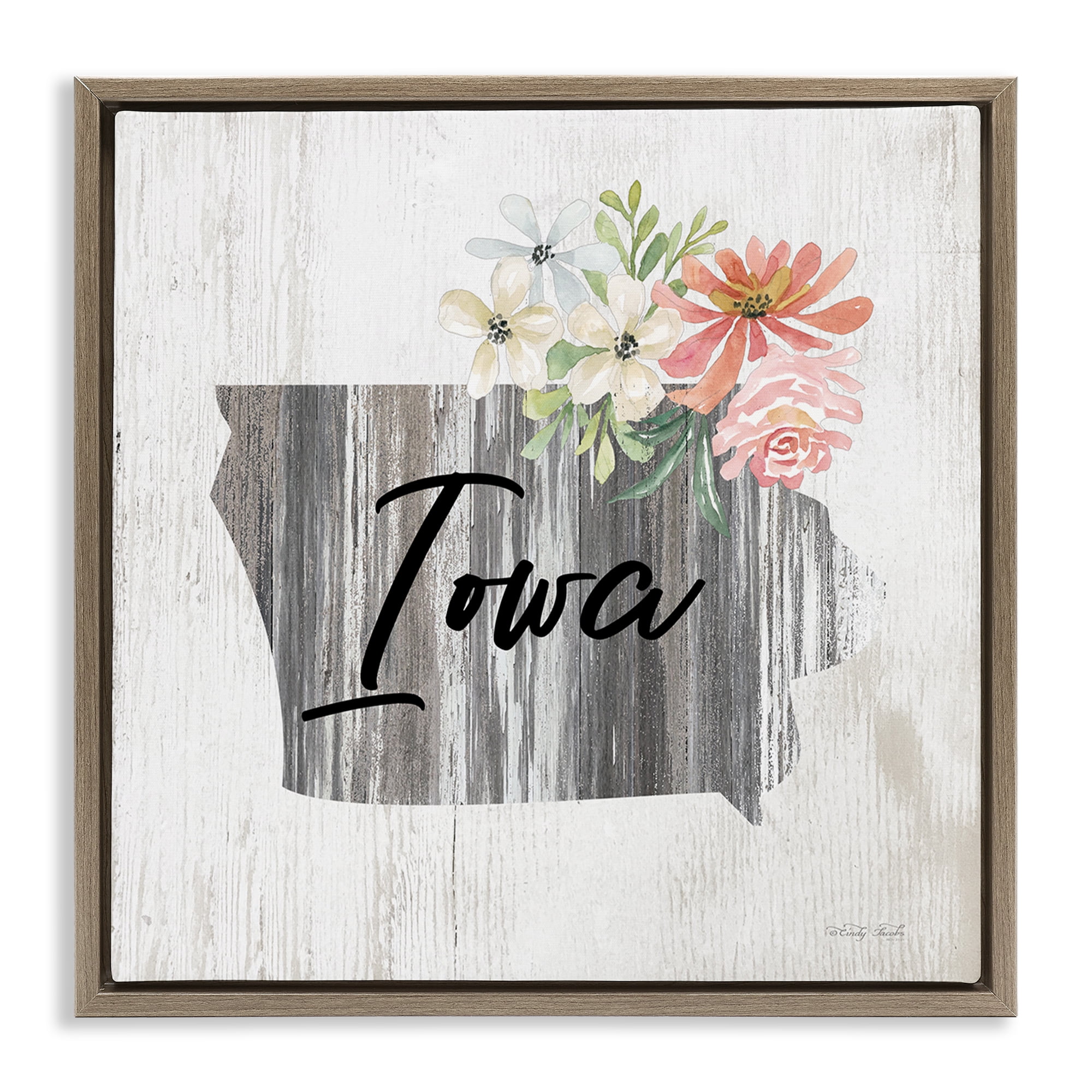 Stupell Industries Shabby Chic Iowa Botanical & Floral Painting Brown Floater Framed Canvas Art Print Wall Art, 25 x 25