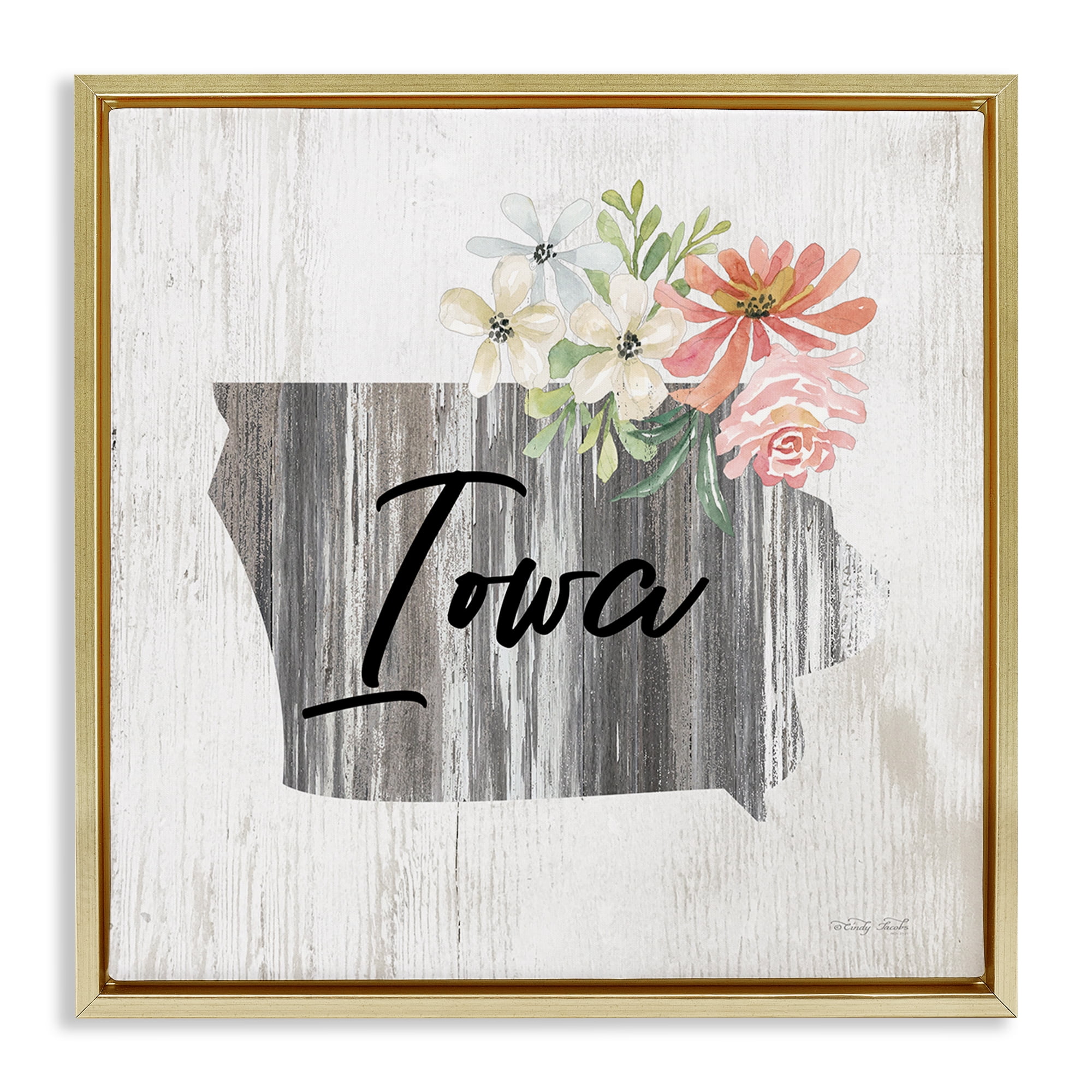 Stupell Industries Shabby Chic Iowa Botanical & Floral Painting Gold Floater Framed Canvas Art Print Wall Art, 18 x 18