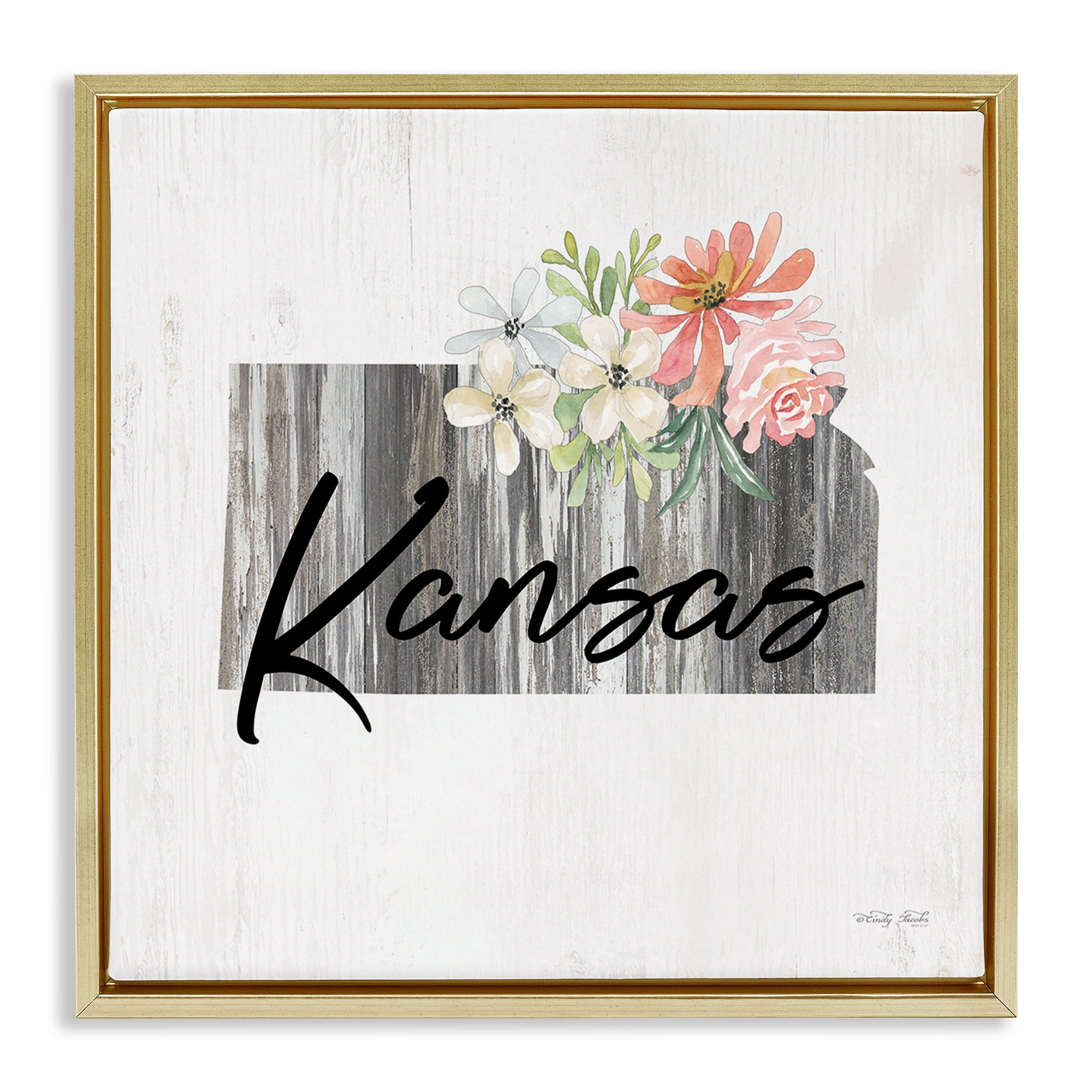 Stupell Industries Shabby Chic Kansas Botanical & Floral Painting Gold Floater Framed Canvas Art Print Wall Art, 25 x 25