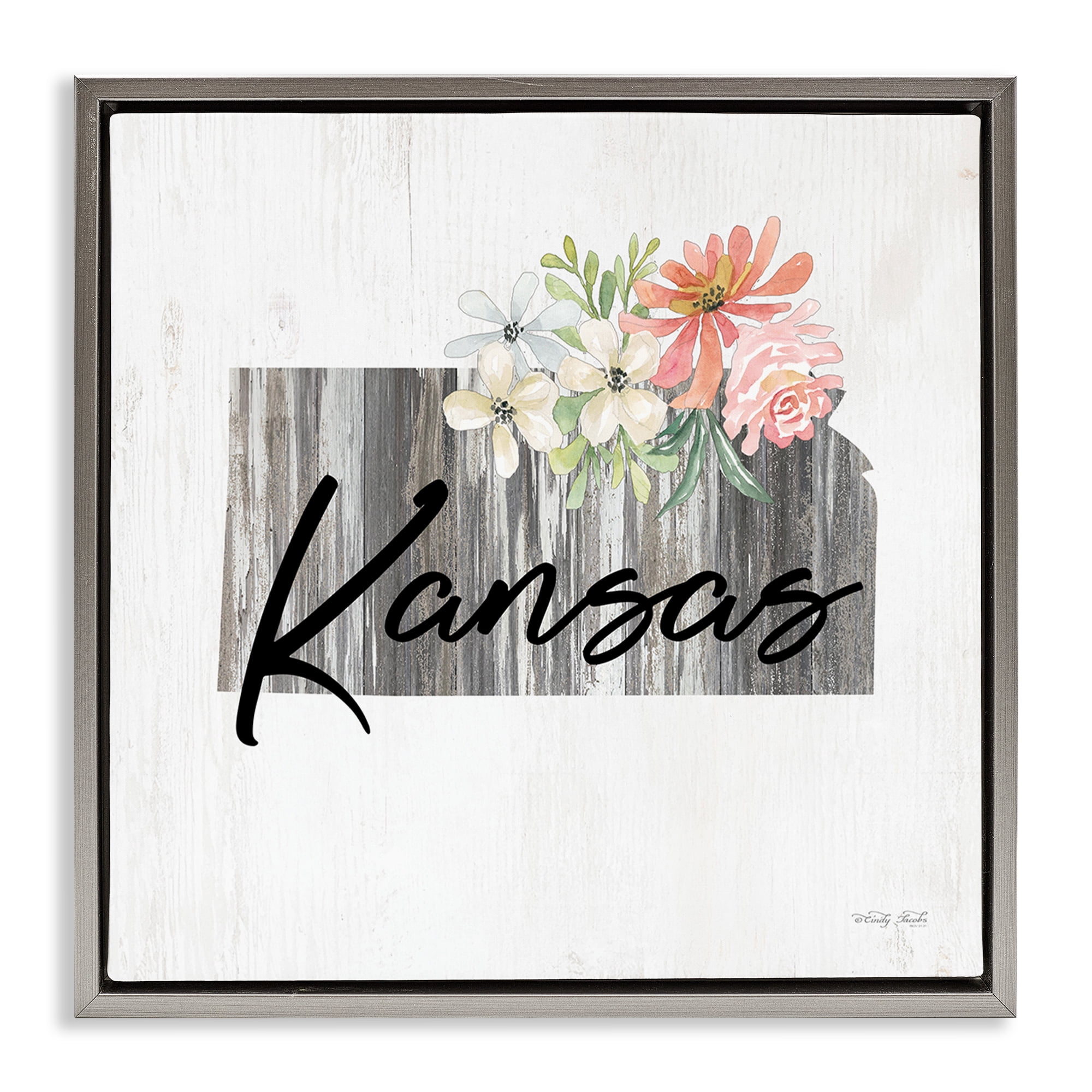 Stupell Industries Shabby Chic Kansas Botanical & Floral Painting Gray Floater Framed Canvas Art Print Wall Art, 18 x 18