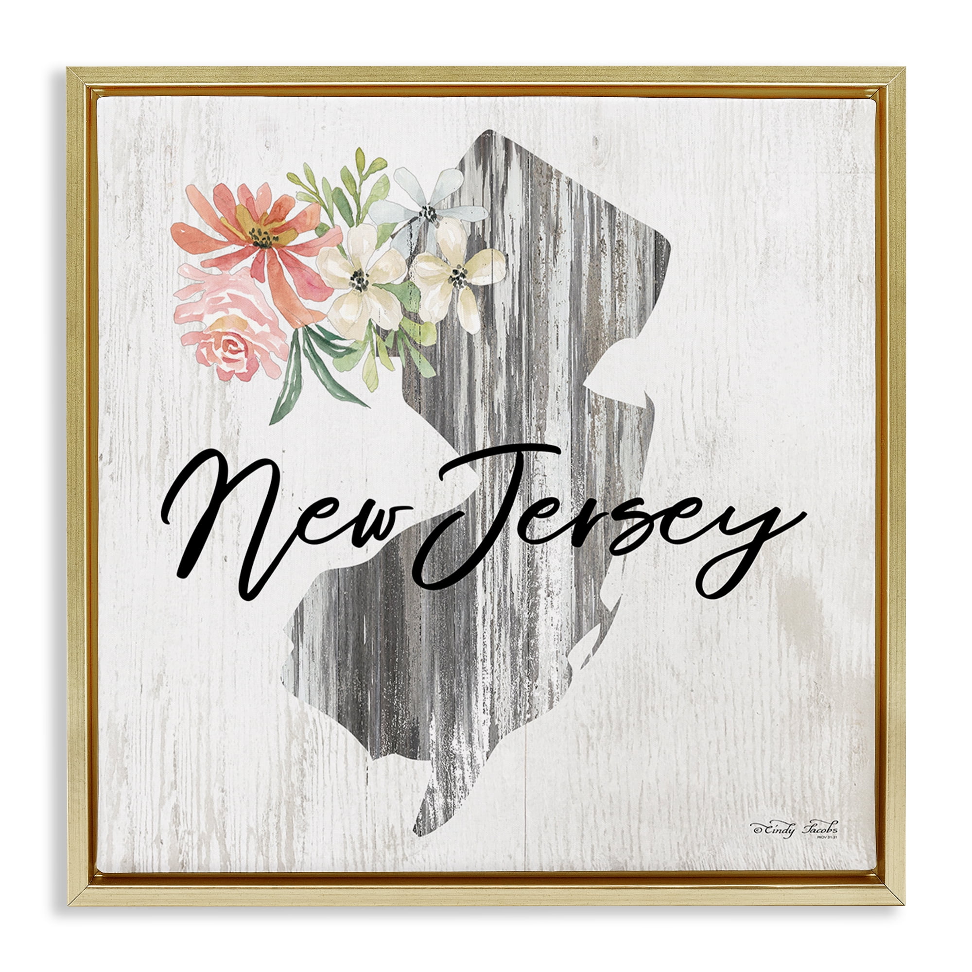 Stupell Industries Shabby Chic New Jersey Botanical & Floral Painting Gold Floater Framed Canvas Art Print Wall Art, 18 x 18