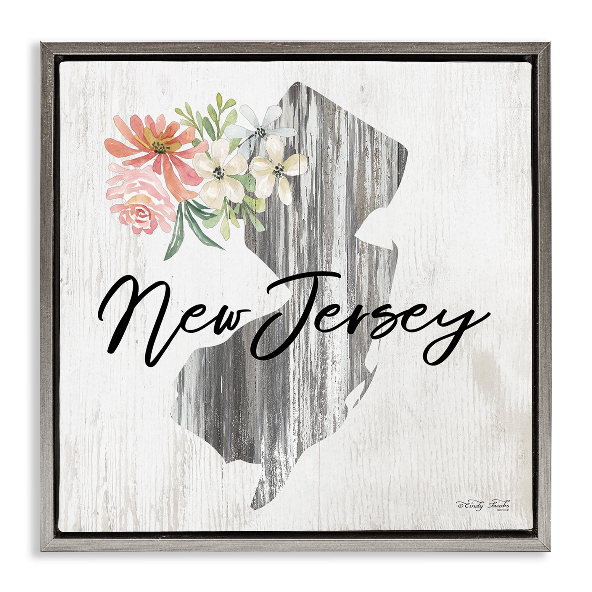 Stupell Industries Shabby Chic New Jersey Botanical & Floral Painting Gray Floater Framed Canvas Art Print Wall Art, 25 x 25