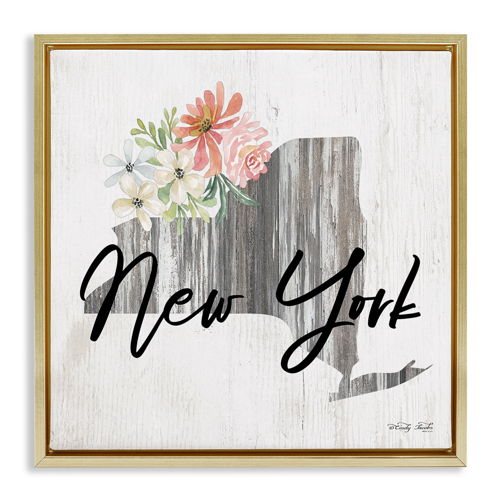Stupell Industries Shabby Chic New York Botanical & Floral Painting Gold Floater Framed Canvas Art Print Wall Art, 18 x 18