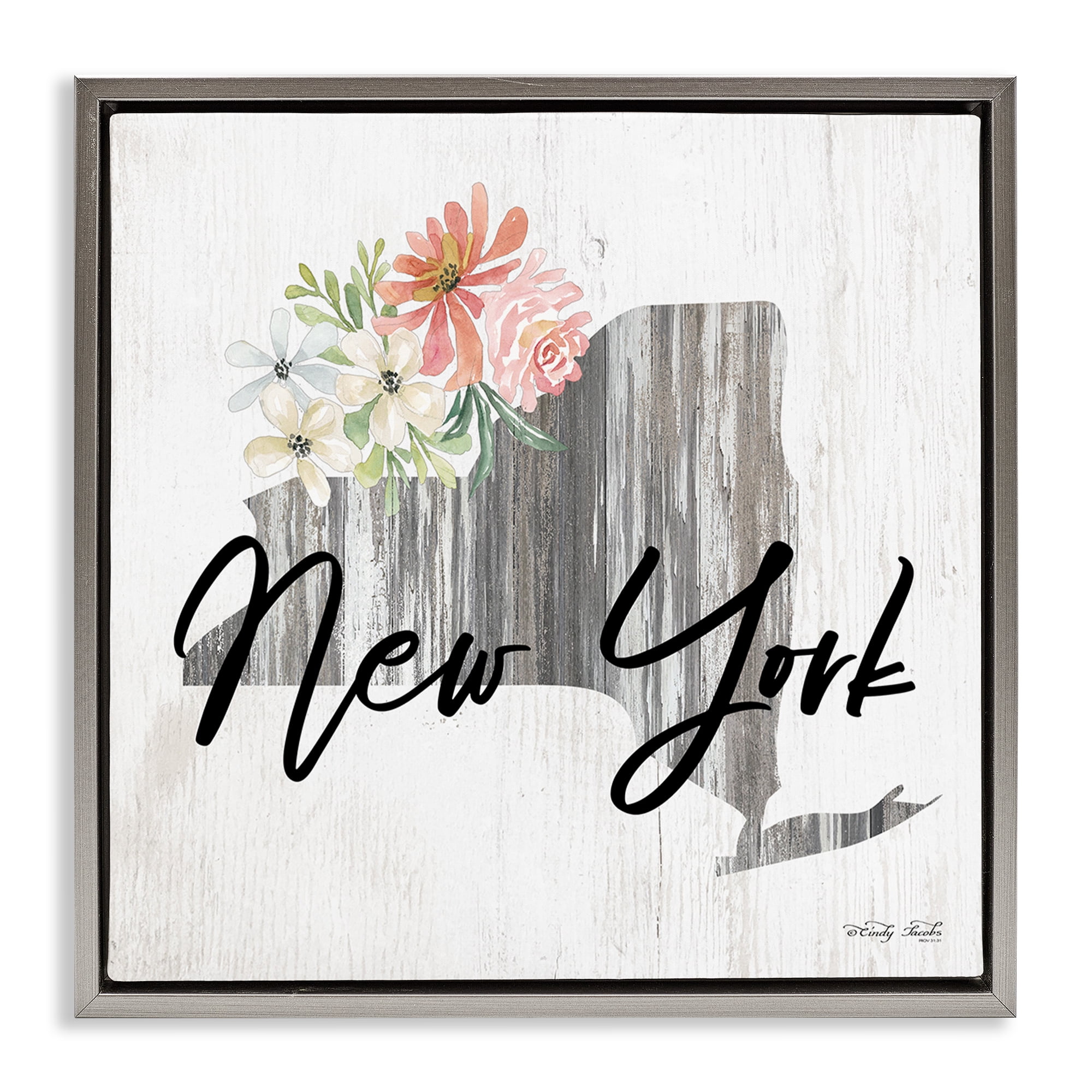 Stupell Industries Shabby Chic New York Botanical & Floral Painting Gray Floater Framed Canvas Art Print Wall Art, 18 x 18