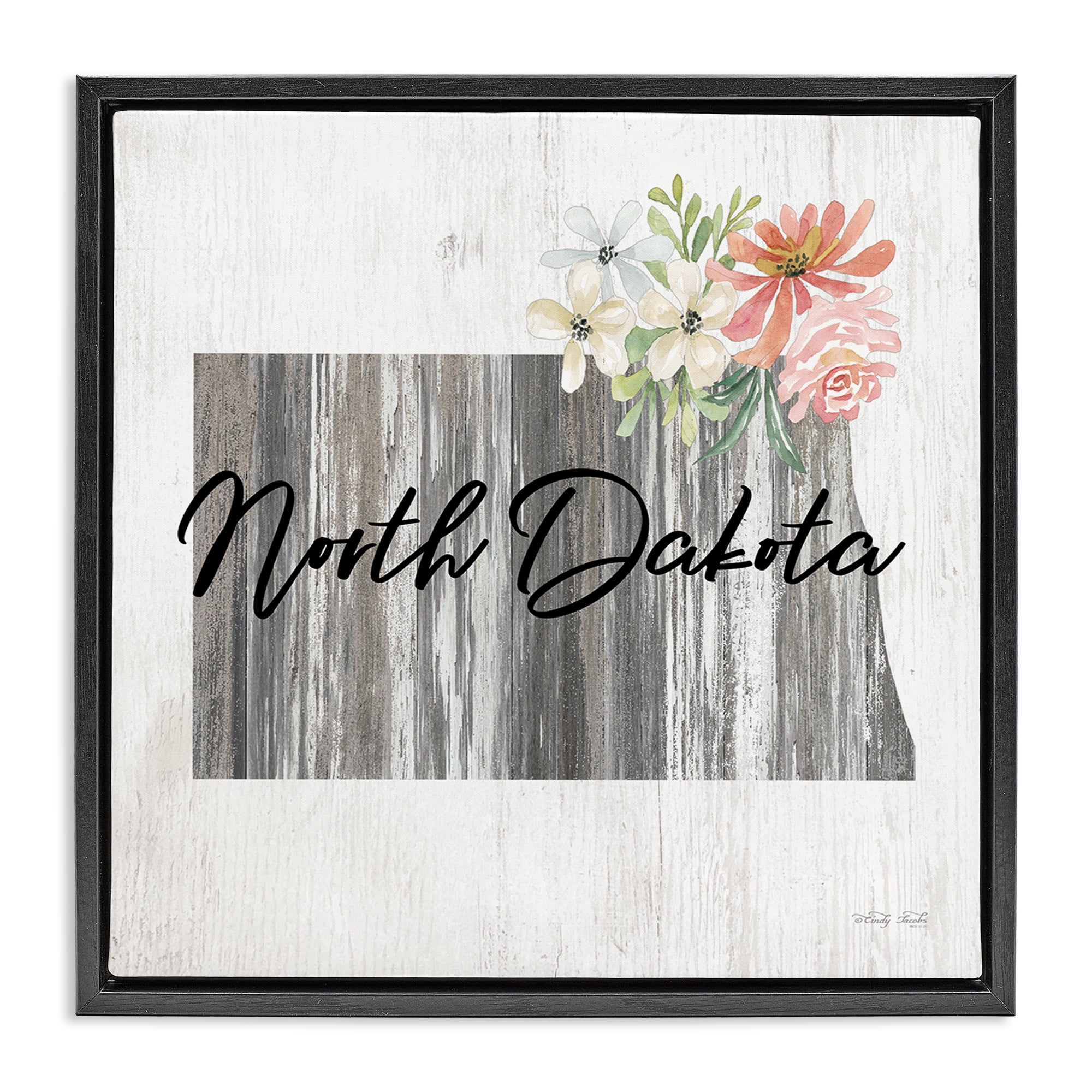 Stupell Industries Shabby Chic North Dakota Botanical & Floral Painting Black Floater Framed Canvas Art Print Wall Art, 18 x 18