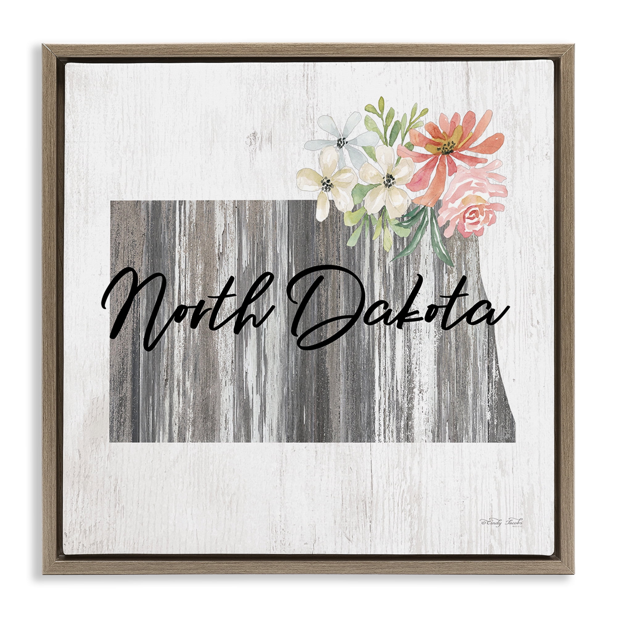 Stupell Industries Shabby Chic North Dakota Botanical & Floral Painting Brown Floater Framed Canvas Art Print Wall Art, 18 x 18