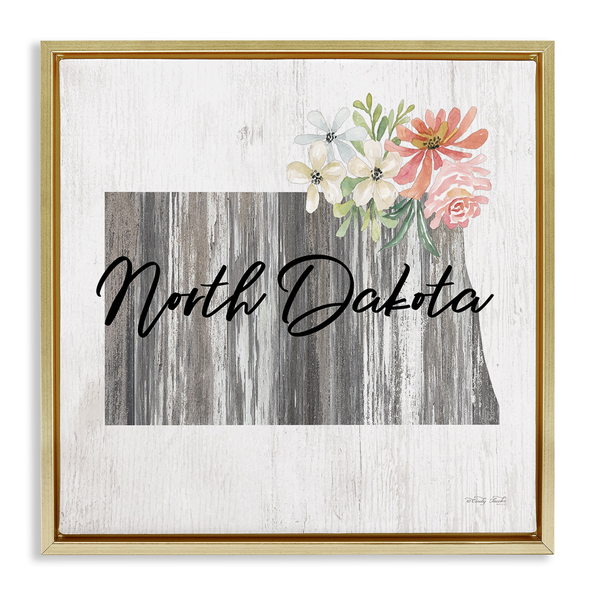 Stupell Industries Shabby Chic North Dakota Botanical & Floral Painting Gold Floater Framed Canvas Art Print Wall Art, 18 x 18