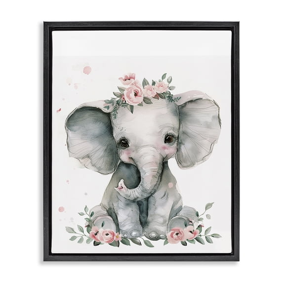 Stupell Industries Shabby Chic Nursery Floral Elephant Black Floating Frame Canvas Art, 17 x 21, by LSR Design Studio