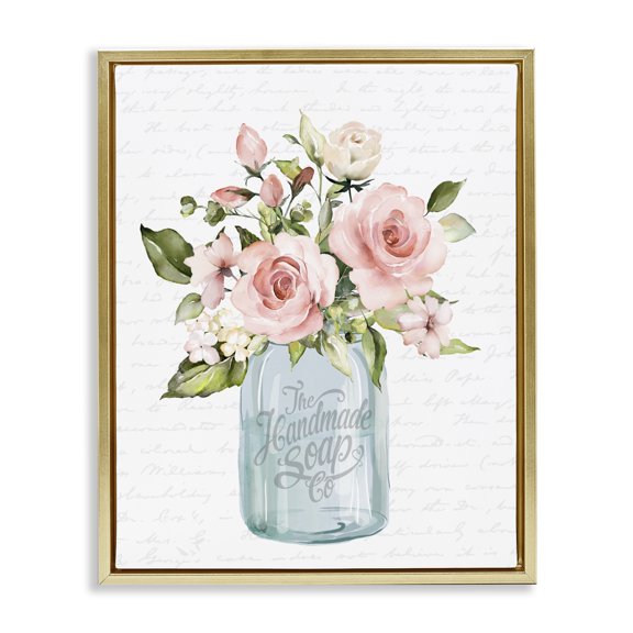 Stupell Industries Shabby Chic Pink Rose Blooms Country Vase Patterned Script Gold Floating Frame Canvas Art, 25 x 31, by Lettered and Lined