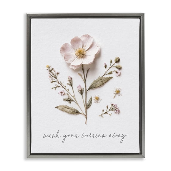 Stupell Industries Shabby Chic Pressed Flower Wash Worries Away Gray Floating Frame Canvas Art, 25 x 31, by Lettered and Lined