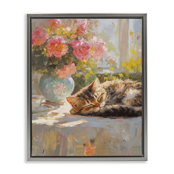 Stupell Industries Shabby Chic Sleeping Kitten & Flower Vase Gray Floating Frame Canvas Art, 25 x 31, by Nini Art