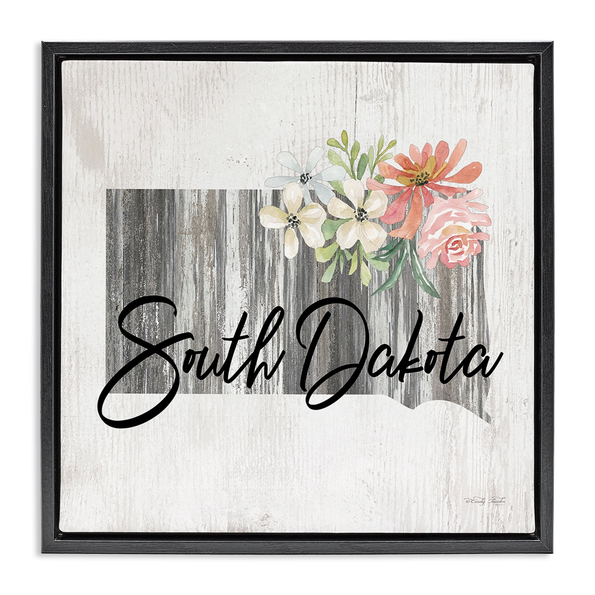 Stupell Industries Shabby Chic South Dakota Botanical & Floral Painting Black Floater Framed Canvas Art Print Wall Art, 18 x 18