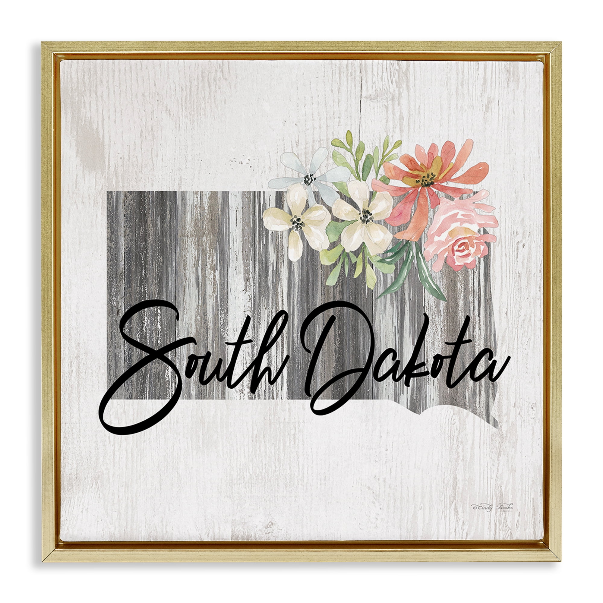 Stupell Industries Shabby Chic South Dakota Botanical & Floral Painting Gold Floater Framed Canvas Art Print Wall Art, 25 x 25