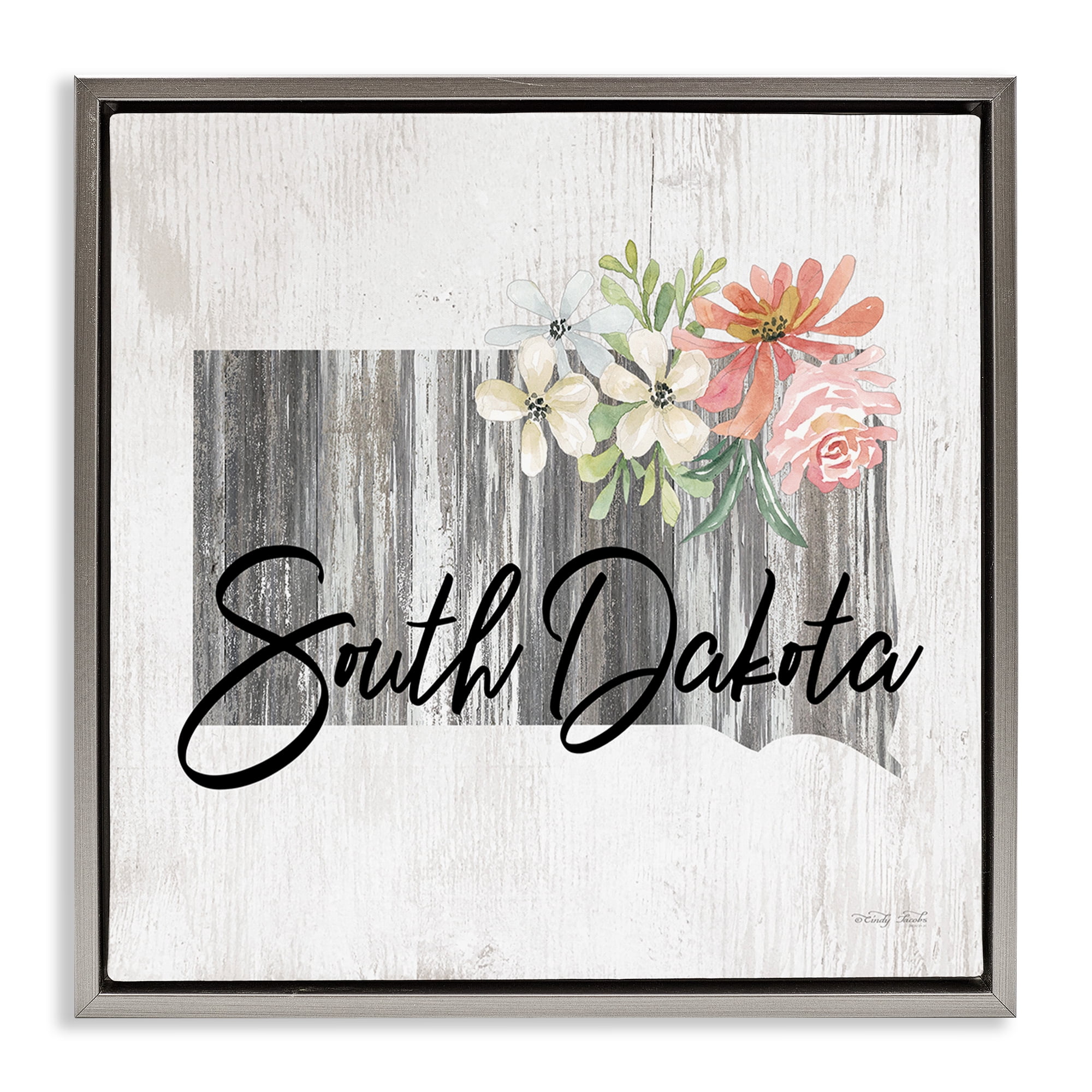 Stupell Industries Shabby Chic South Dakota Botanical & Floral Painting Gray Floater Framed Canvas Art Print Wall Art, 25 x 25