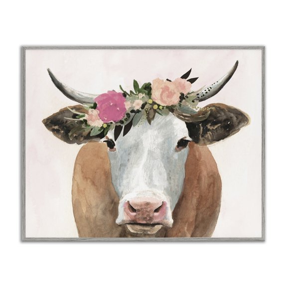 Stupell Industries Shabby Chic Springtime Flower Crown Farm Cow with Horns Gray Framed Giclee Art, 14 x 11, by Victoria Borges