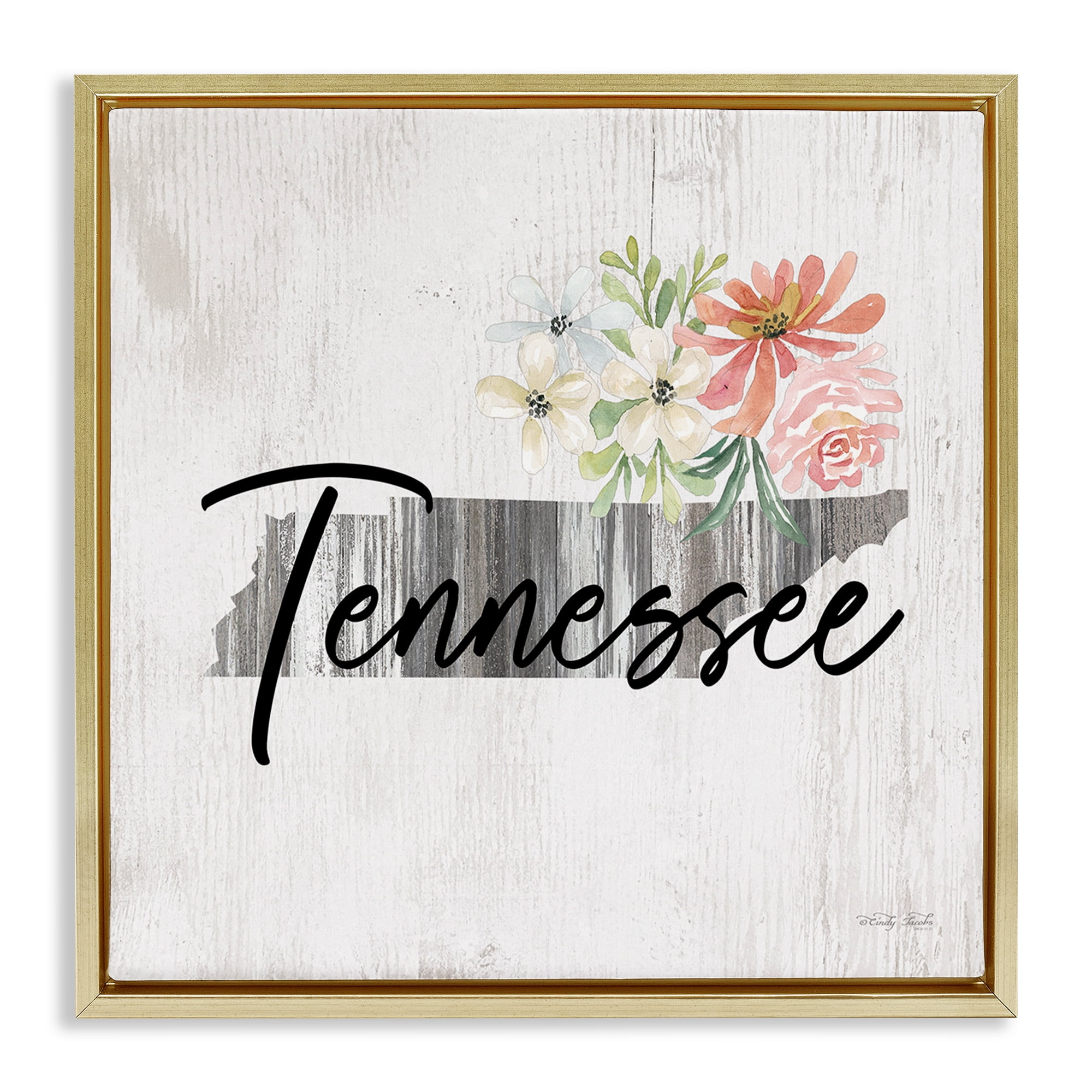 Stupell Industries Shabby Chic Tennessee Botanical & Floral Painting Gold Floater Framed Canvas Art Print Wall Art, 18 x 18