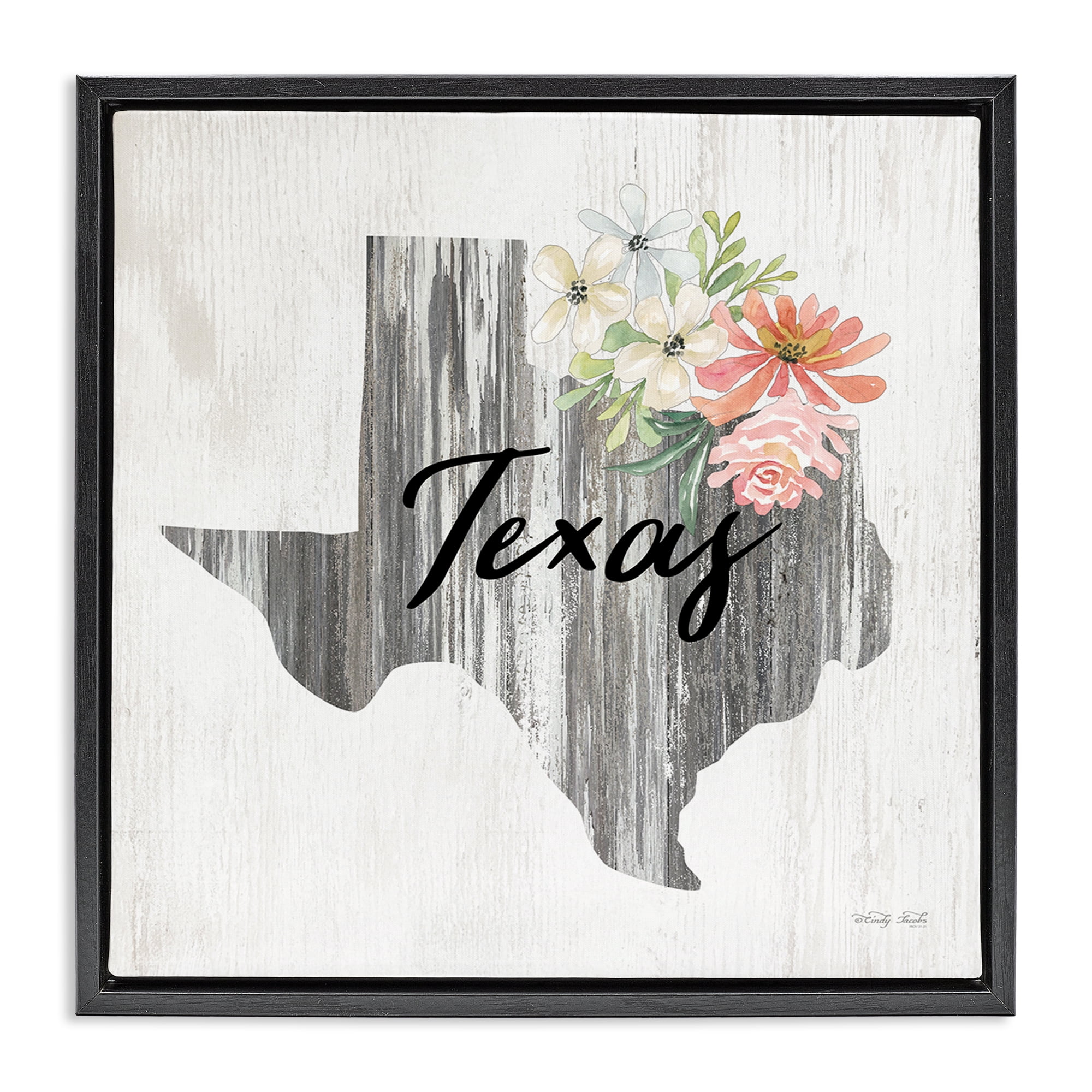 Stupell Industries Shabby Chic Texas Botanical & Floral Painting Black Floater Framed Canvas Art Print Wall Art, 25 x 25