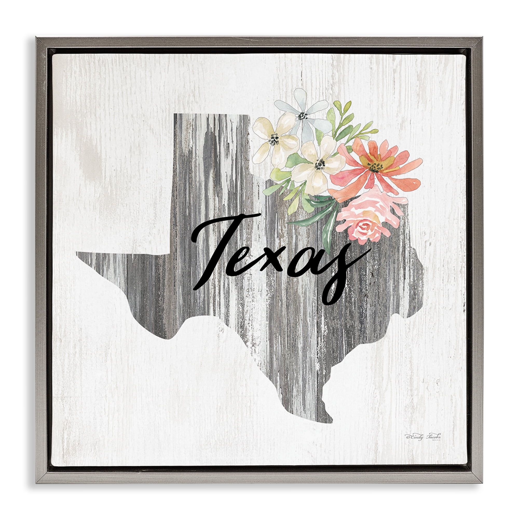 Stupell Industries Shabby Chic Texas Botanical & Floral Painting Gray Floater Framed Canvas Art Print Wall Art, 18 x 18