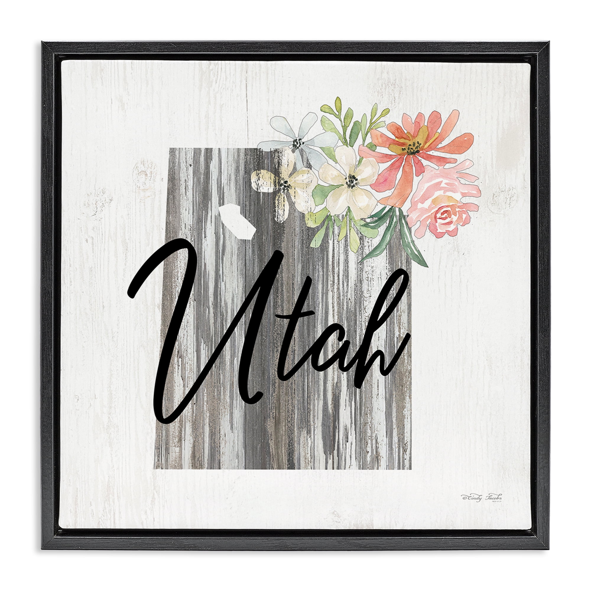 Stupell Industries Shabby Chic Utah Botanical & Floral Painting Black Floater Framed Canvas Art Print Wall Art, 18 x 18